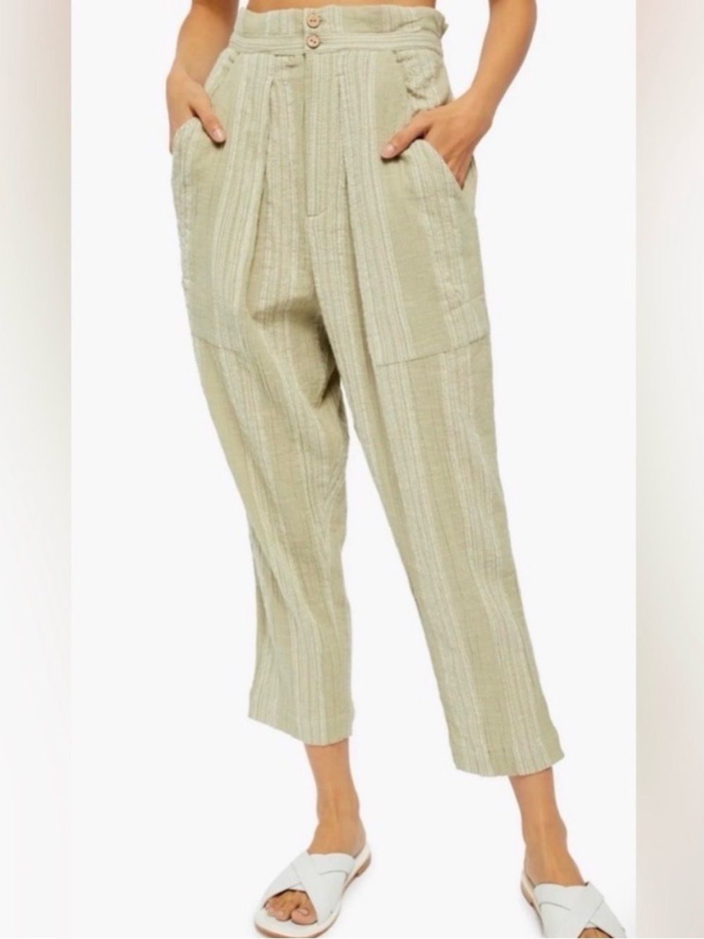 Free People Light Sage Striped High-Waist Cropped Pants